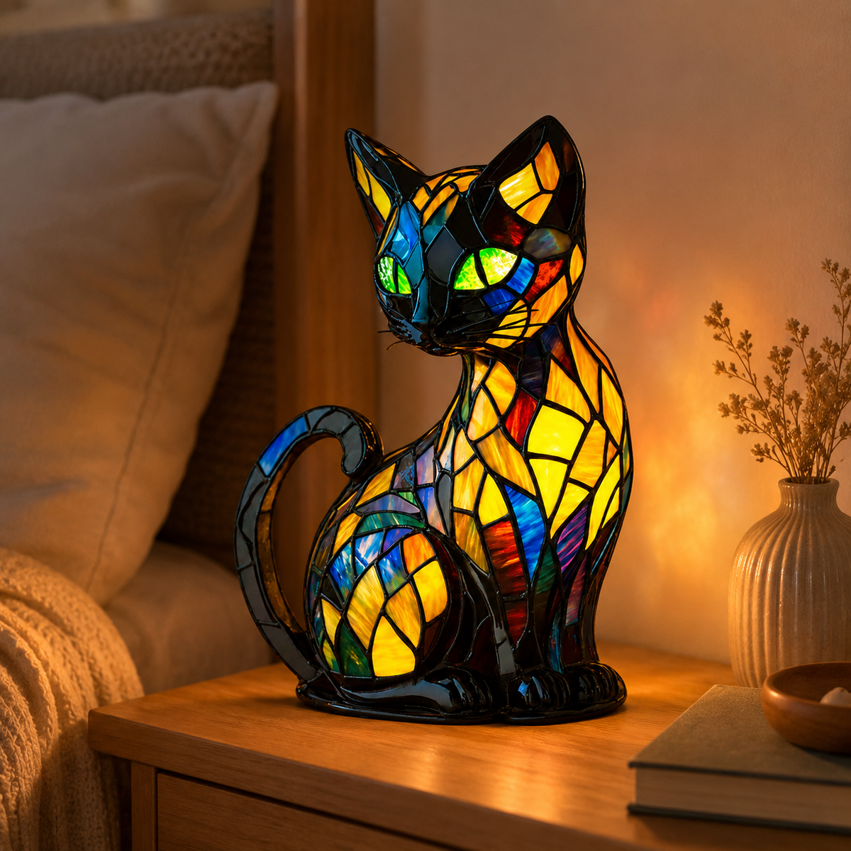 Kattenattlys i glassmaleri | Unik buet fot
