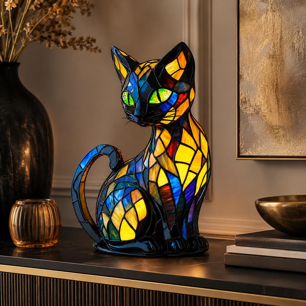 Kattenattlys i glassmaleri | Unik buet fot