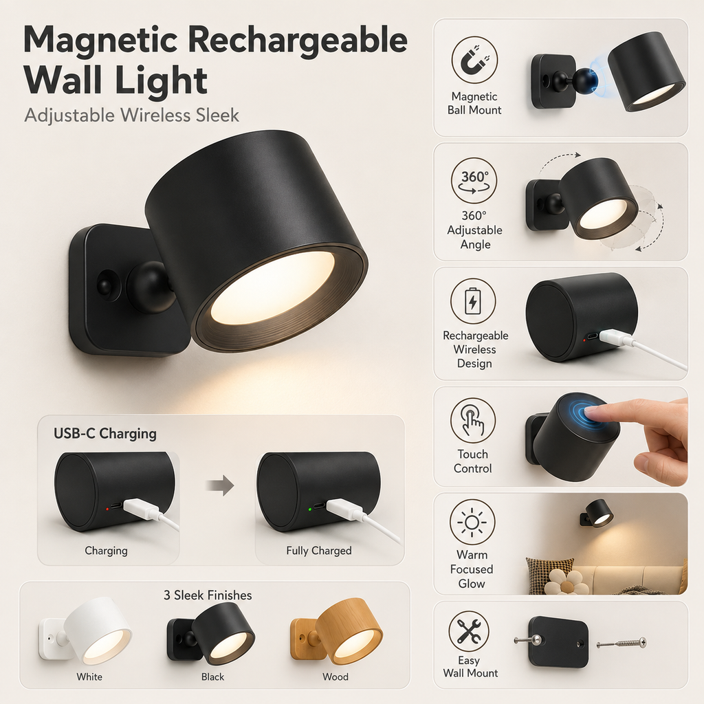 Magnetisk oppladbar vegglampe | Justerbar trådløs design
