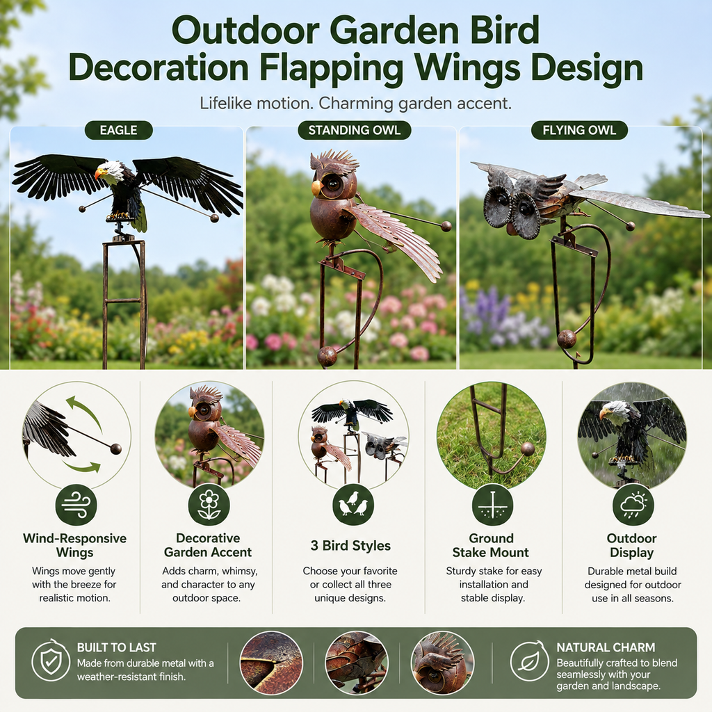 Outdoor garden bird decoration with wing movement
