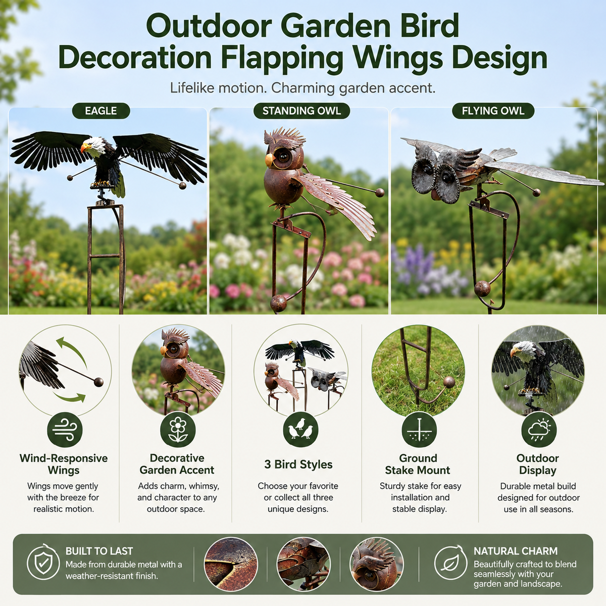 Outdoor garden bird decoration with wing movement