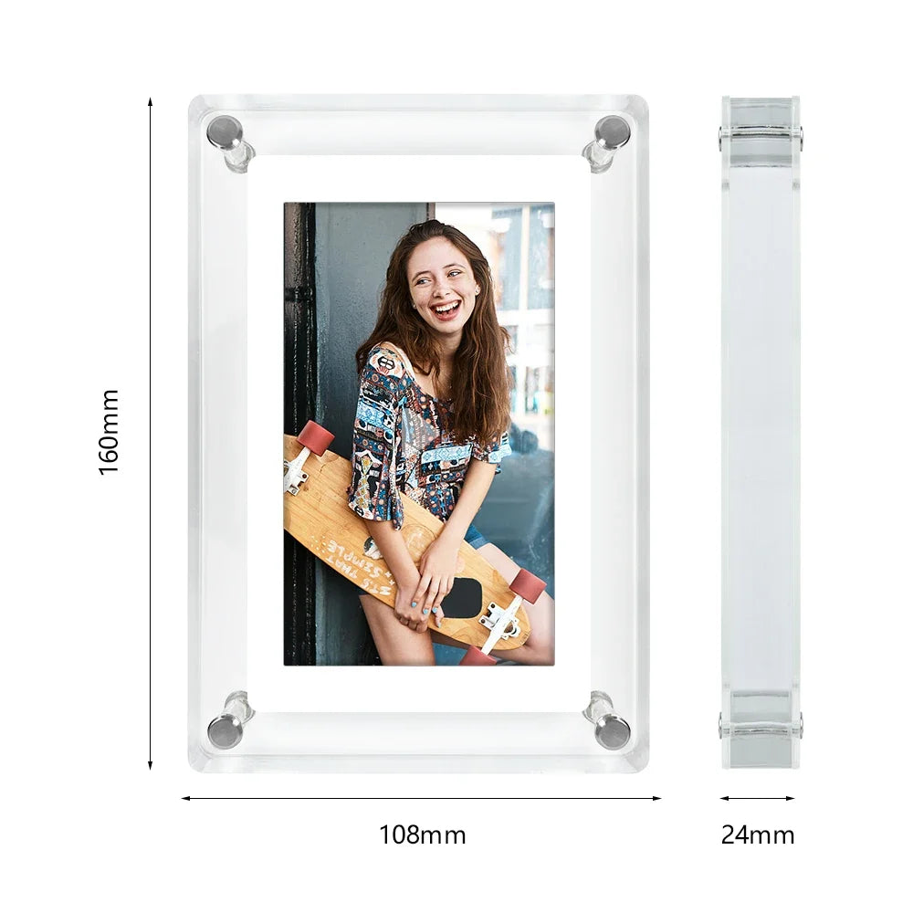 ClearFrame digital fotoramme i akryl | Bærbar IPS-skjerm med innebygd batteri
