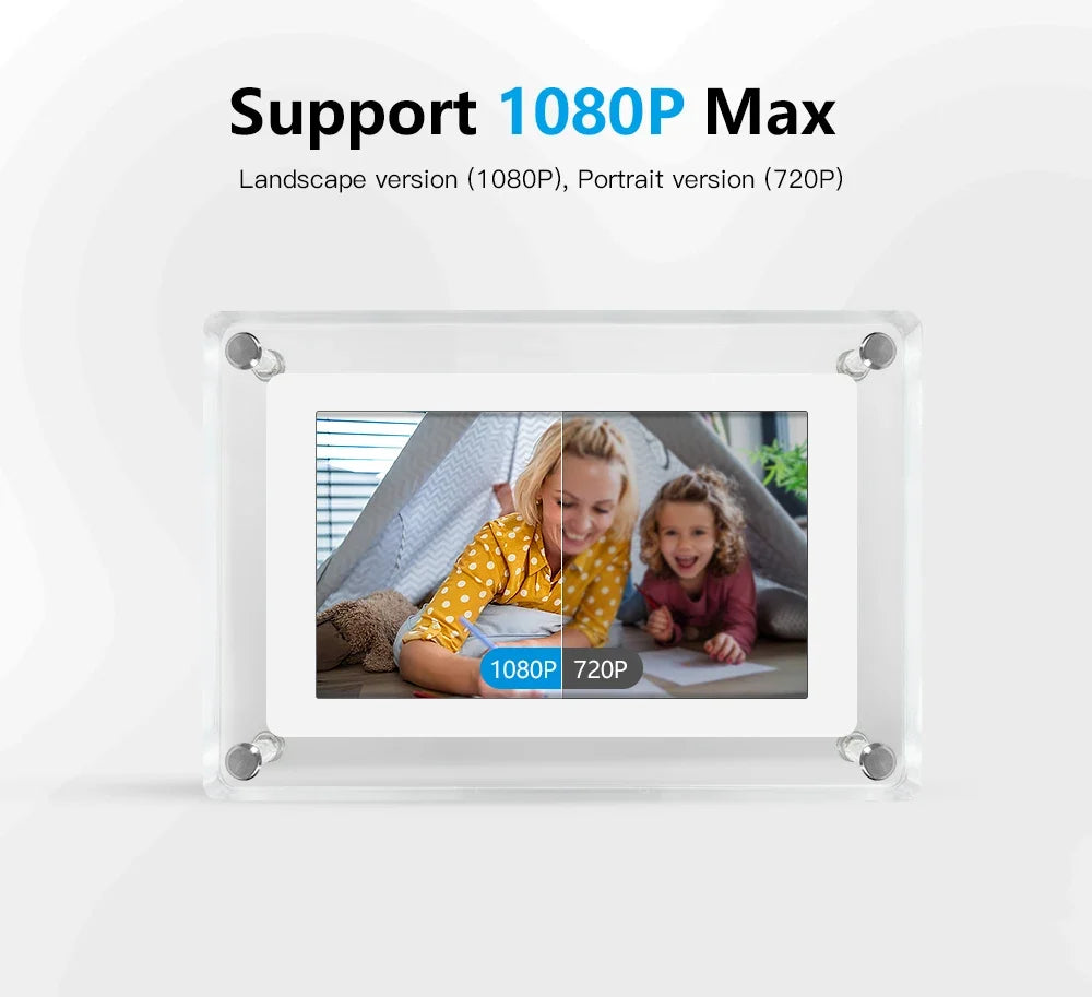 ClearFrame digital fotoramme i akryl | Bærbar IPS-skjerm med innebygd batteri