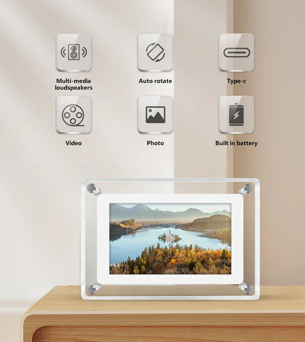 ClearFrame digital fotoramme i akryl | Bærbar IPS-skjerm med innebygd batteri