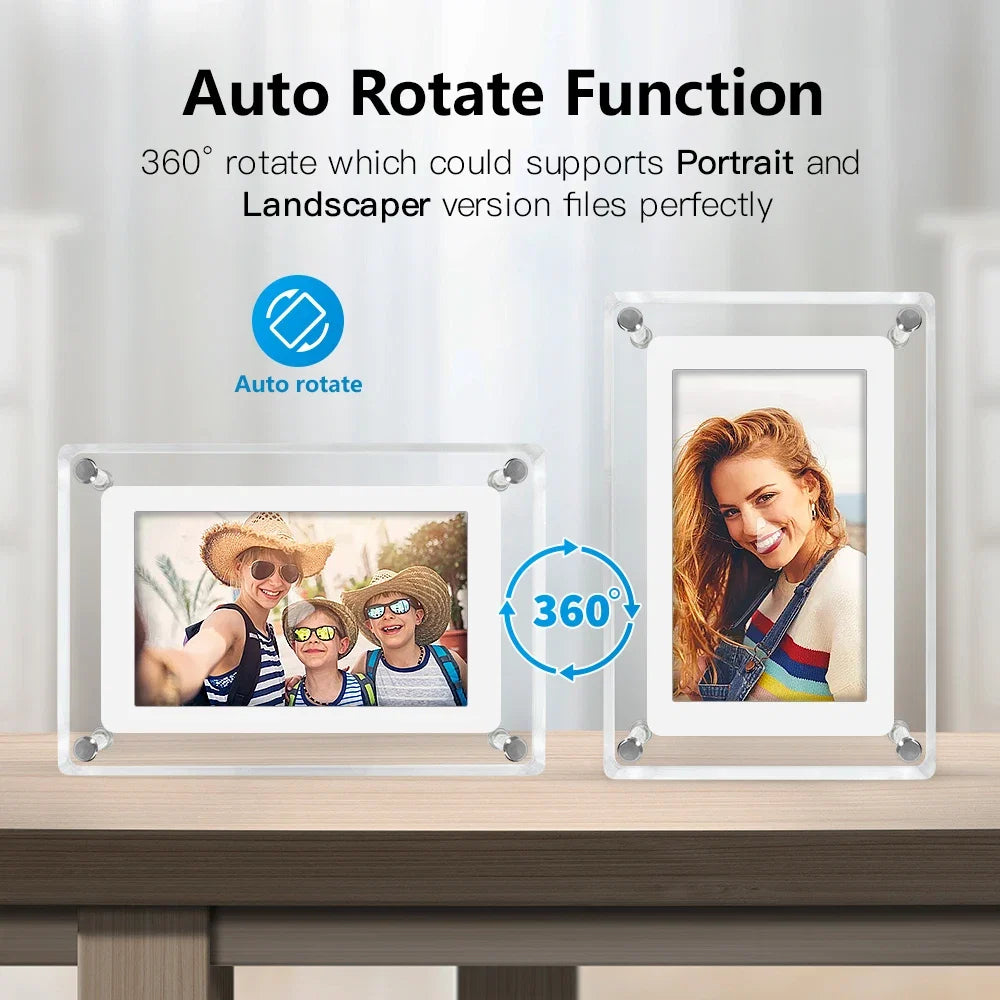 ClearFrame digital fotoramme i akryl | Bærbar IPS-skjerm med innebygd batteri