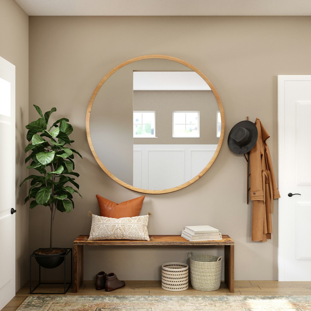 Round wall mirror with a warm wood frame
